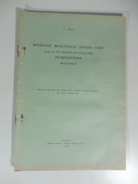 Missione biologica Sagan-Omo diretta dal prof. Edoardo Zavattari. Hymenoptera braconidae